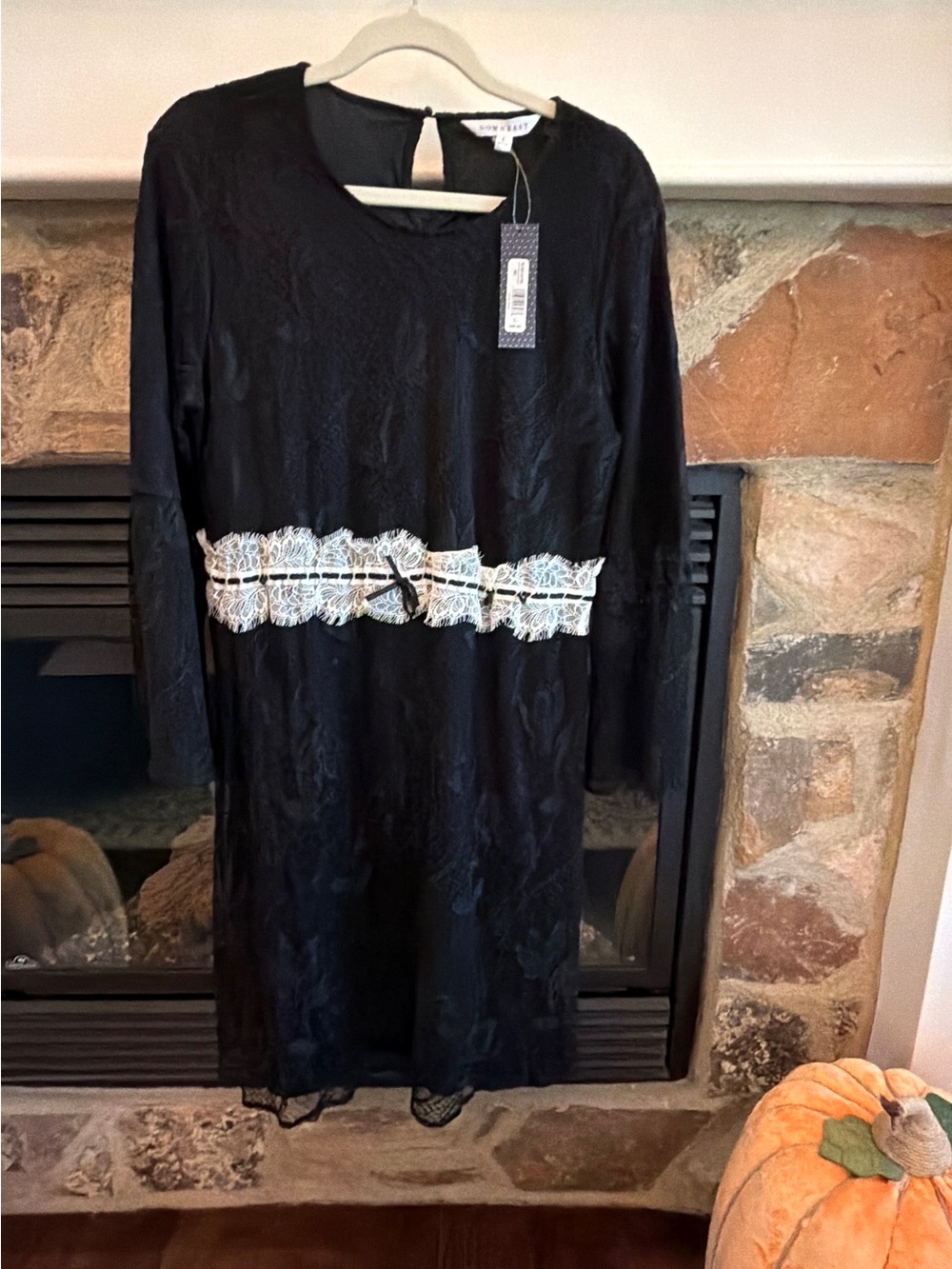 Downeast Basics Black Lace-Trim Long Sleeve Dress - White Lace Waist Detail